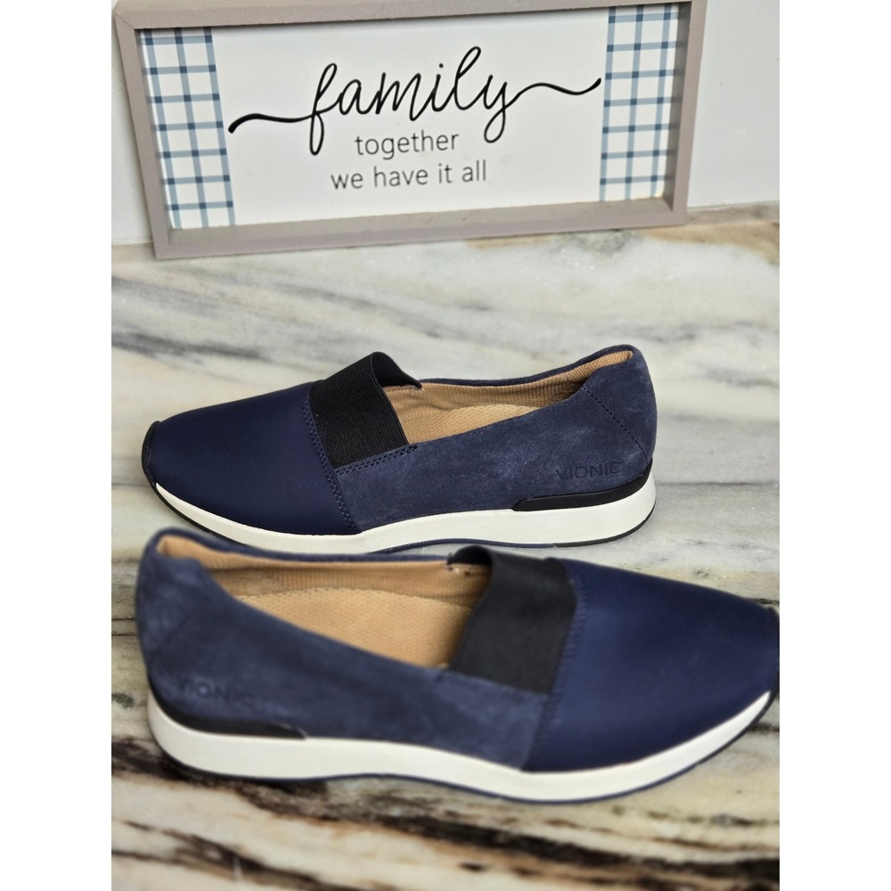 Vionic Cameo Navy Blue Suede Textile Slip On Sneakers 8 M Nautical Coastal Prepp